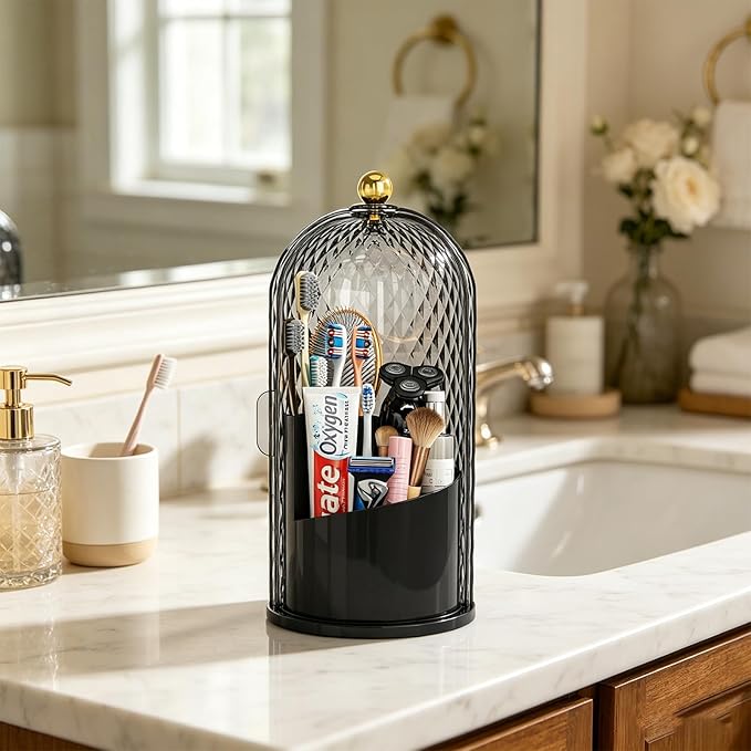 Dustproof Toothbrush Holder with Lid, 360 Rotating Countertop Electric Toothbrush Toothpaste Holders with Cover for Bathroom, 3 Slots Makeup Brush Holder with Lid for Vanity, Black