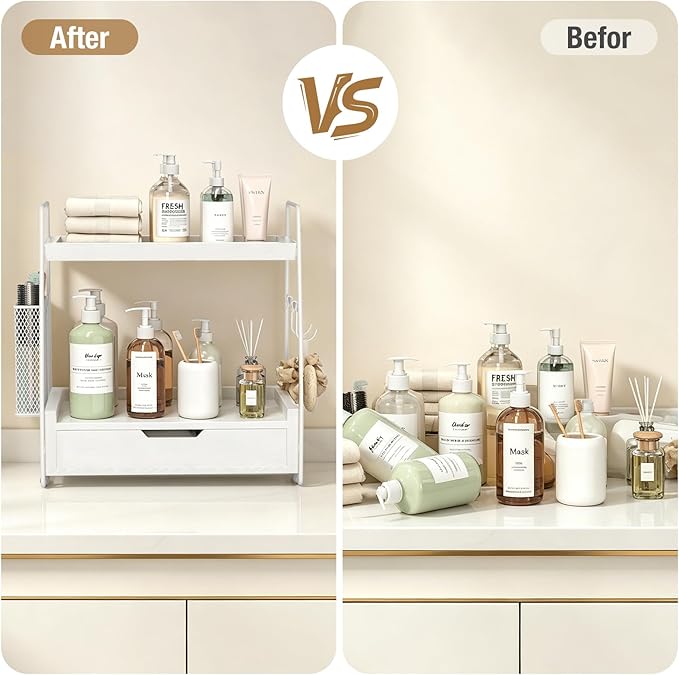 2 Tier Bathroom Counter Organizer Wood - Tiered Bathroom Countertop Shelf with Drawer, Removable Basket & 2 Hooks, Makeup Vanity Organizer for Skincare Perfume Toiletries, 13'' White