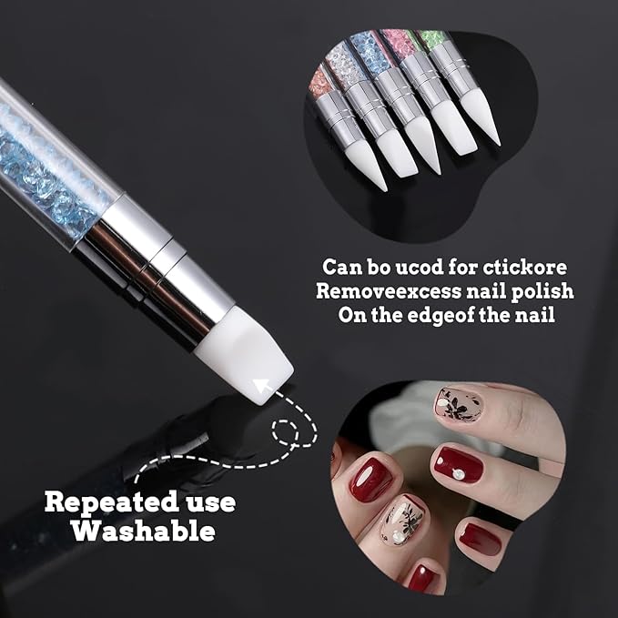 8 Pcs Nail Art Sculpture Pen, Dual Tipped Silicone Nail Tools, Silicone Head Acrylic Handle Nail Art Brushes, Rhinestone Nail Polish Carving Pen, Nail Art Tools for Home Salon(5 Colors)