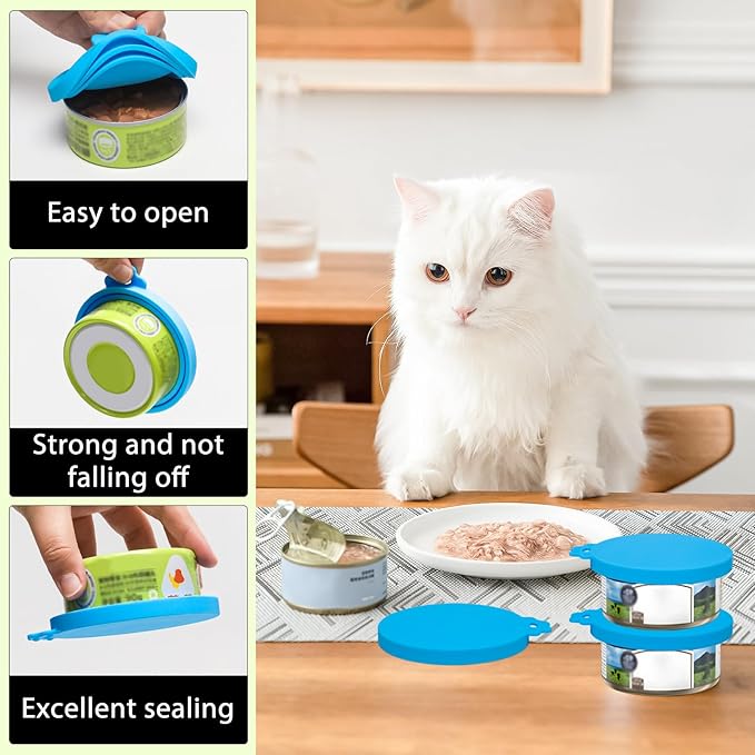 PINE & LINEN 4 Pcs Durable Pet Can Lids,One fit 3 Standard Size Silicone Waterproof Cat Food Cans Lids for 3oz/5.5oz/12.5oz/13.2oz Cat Food Cans（Sky Blue）