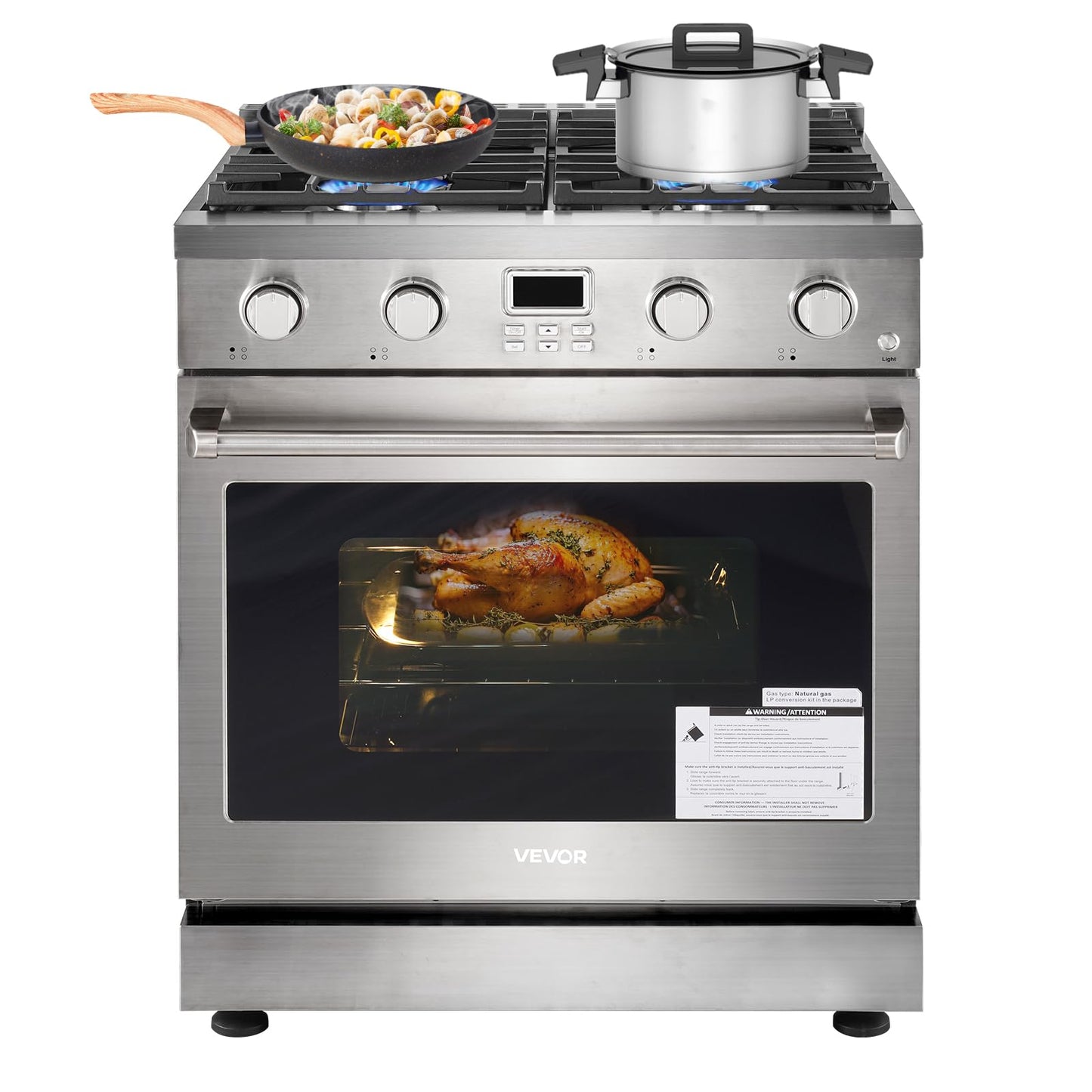 VEVOR Gas Range Oven, 30 Inches Width, Freestanding Stainless Steel Stove and Oven with 4 Sealed Cooktop Burners, Easy Reach Racks, Halogen Light, 4.8 Cu. Ft. Capacity, for Home Apartment Kitchen