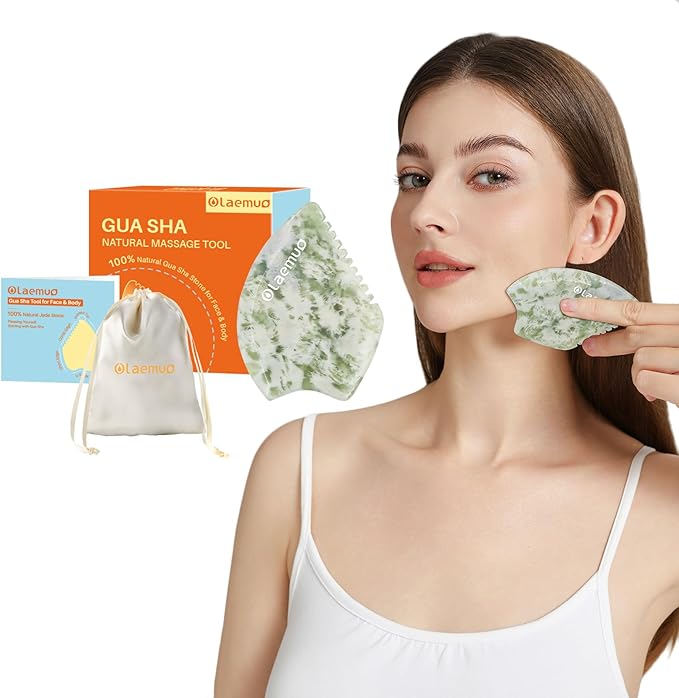 Jade Gua Sha Facial Tool - Face Massager Stone to Lift/Sculpt/Tone/De-Puff, Double Chin Reducer, Jawline Shaper, Lymphatic Drainage Face Sculpting Tool, Natural Translucent Bian Stone
