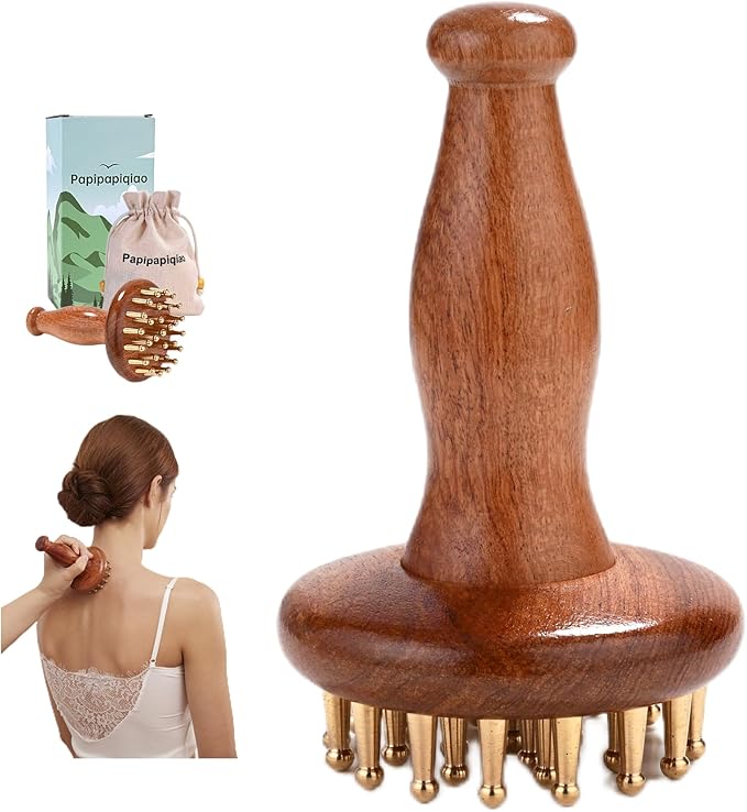 29teeth Copper Head Massage Comb for Body and Scalp Meridian Point Massager Brush for Body and Scalp Relief Body Massage Brush for Cellulite Remover Chinese SPA Gua Sha Tool Wooden Handle 按摩梳, 经络刷