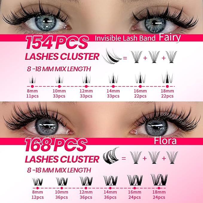 Lash Clusters Kit Eyelash Clusters Kit Fairy Cluster Eyelash Extensions Large Pack Lashes Clusters Lash Extension Kit PestaÃÂ±as Postizas Naturales+Lash Bond&Seal,Remover,Tweezers,Brush(Lash Kit-8)