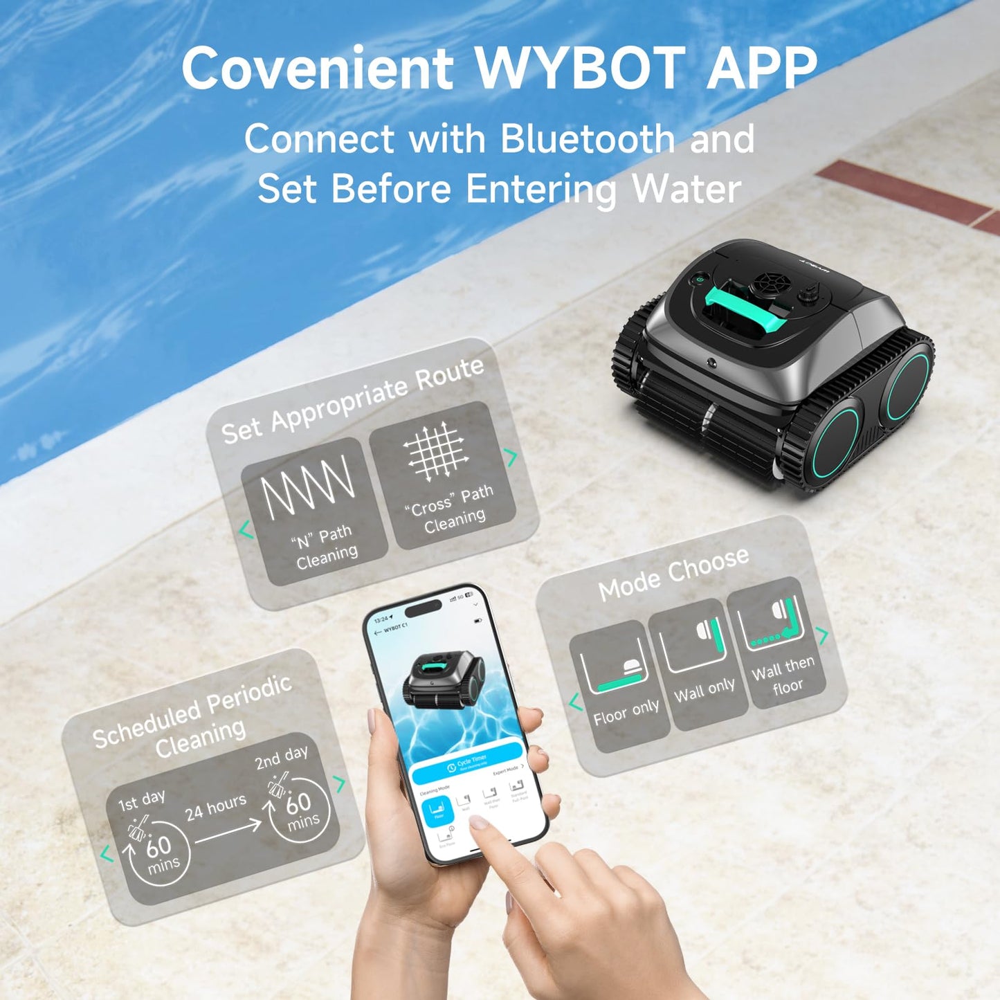 WYBOT Pool Vacuum for Inground Pools, 4-in-1 Cordless Robotic Pool Cleaner for Above Ground Pools, Triple-Motor up to 1,614 Sq.ft, Wall & Waterline Cleaning, WiFi & Bluetooth (Grey with Green)