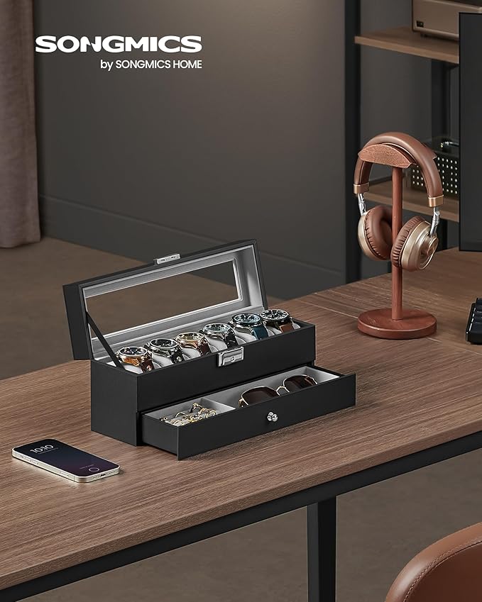 SONGMICS Watch Box, 6-Slot Watch Case Organizer with Large Glass Lid, 2 Layers, Removable Pillows, Metal Lock, Gift for Loved Ones, Black Synthetic Leather, Gray Lining UJWB060G01