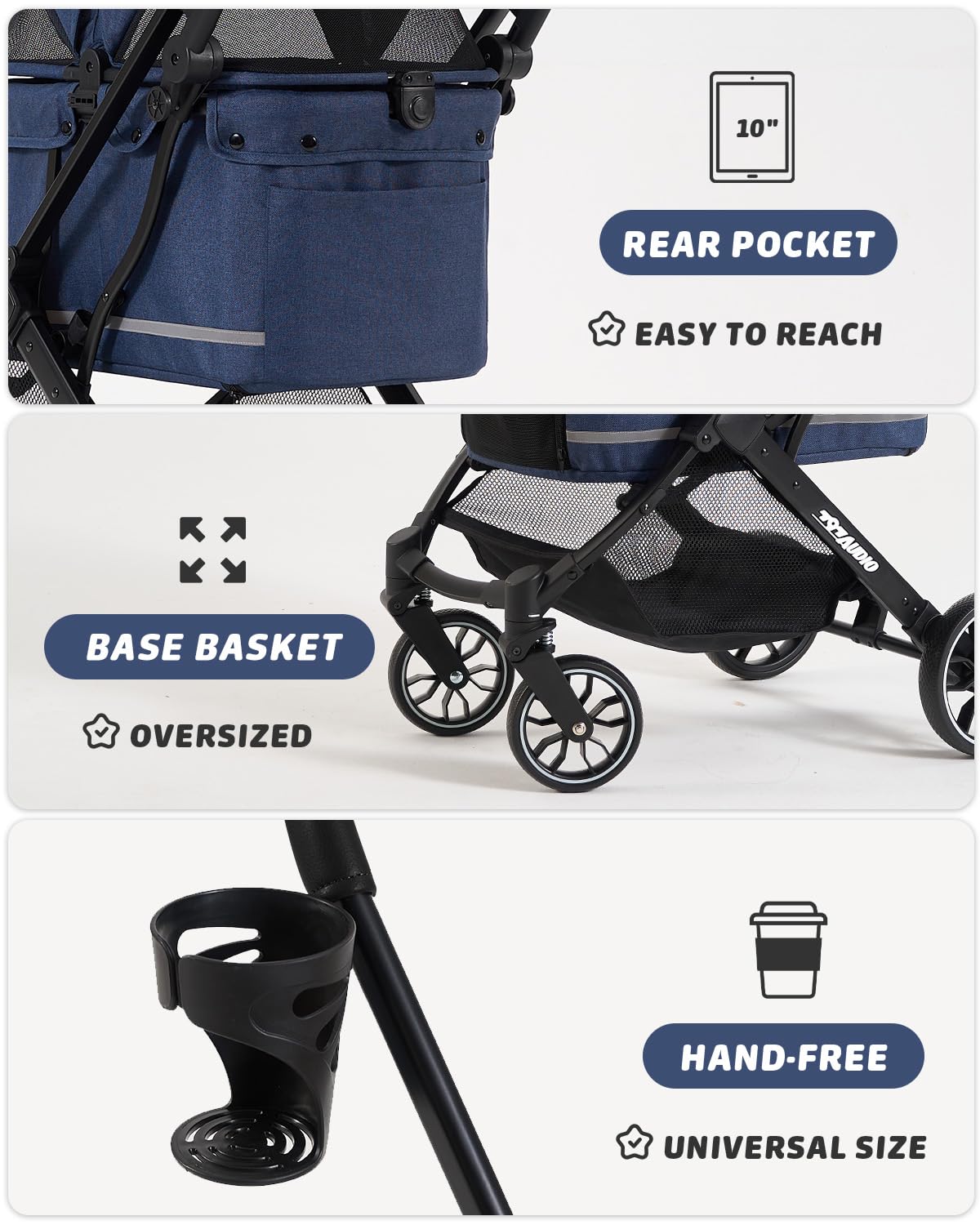797Audio Dog Stroller for Small Medium Dogs, Pet Stroller for Cats Puppy Up to 121lbs,Foldable,One Click Folding,4 Wheel Shock Absorption,Adjustable Canopy with Sun Shades,Removable Washable Pad(Blue)