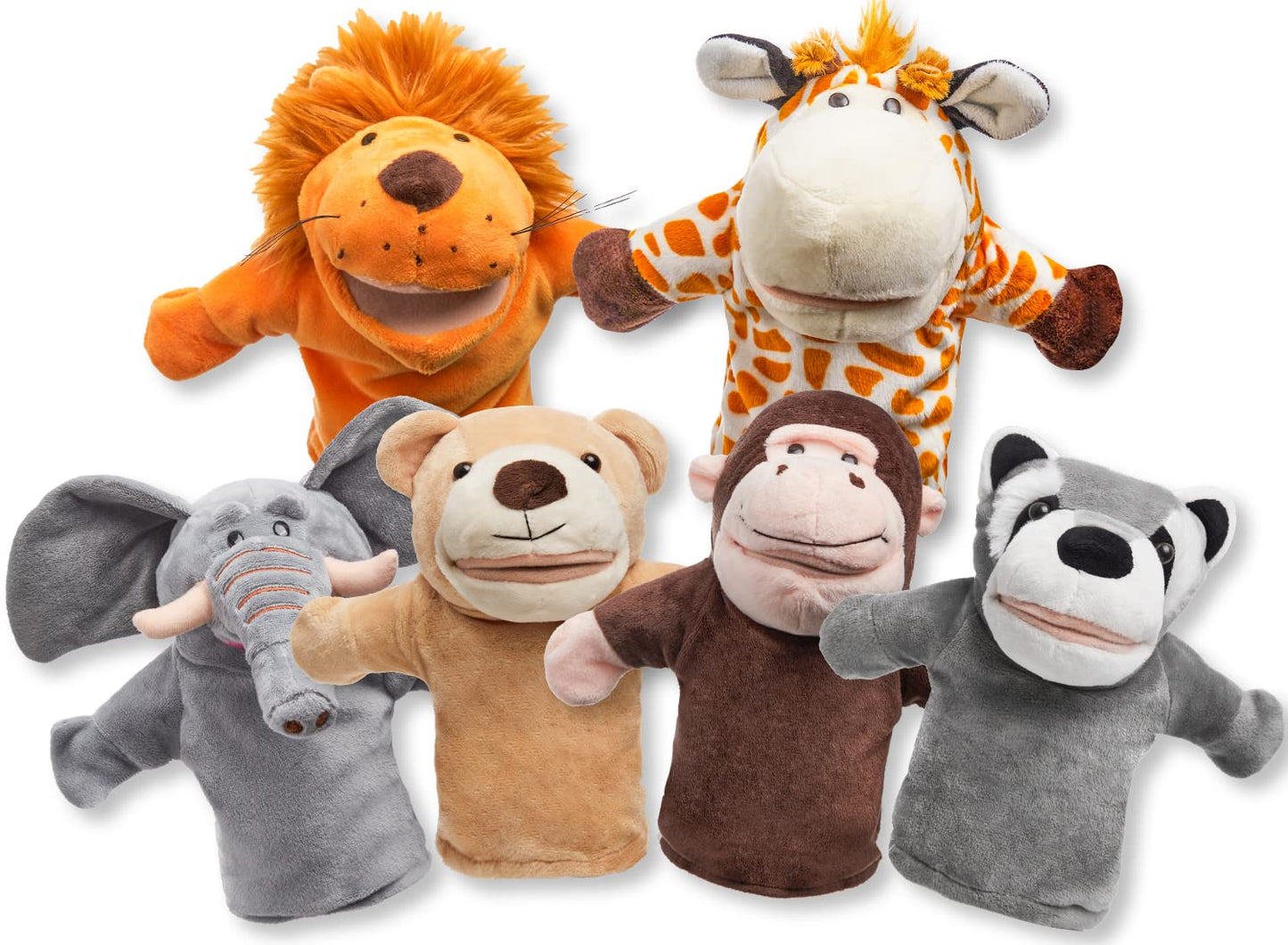 JOYIN 6Pcs Kids Hand Puppet Set with Working Mouth, Toddler Animal Plush Toy Includes Elephant, Giraffe, Lion, Bear, Raccoon and Monkey for Show Theater, Christmas Birthday Gifts for Kid