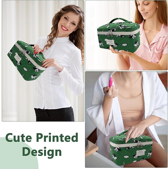 Large Makeup Bag, Cute Cosmetic Bag for Women Girls, Floral Coquette Aesthetic Toiletry Bag, Travel Make Up Organizer Bag (Green Dog Print