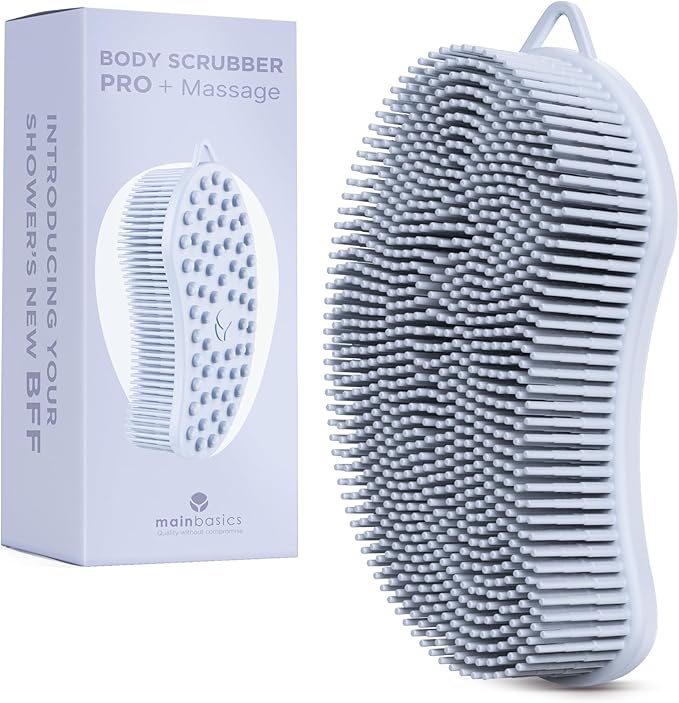 MainBasics Silicone Body Scrubber Dual-Sided Shower Loofah and Massaging Nodes (Frosted Sky, Massage)