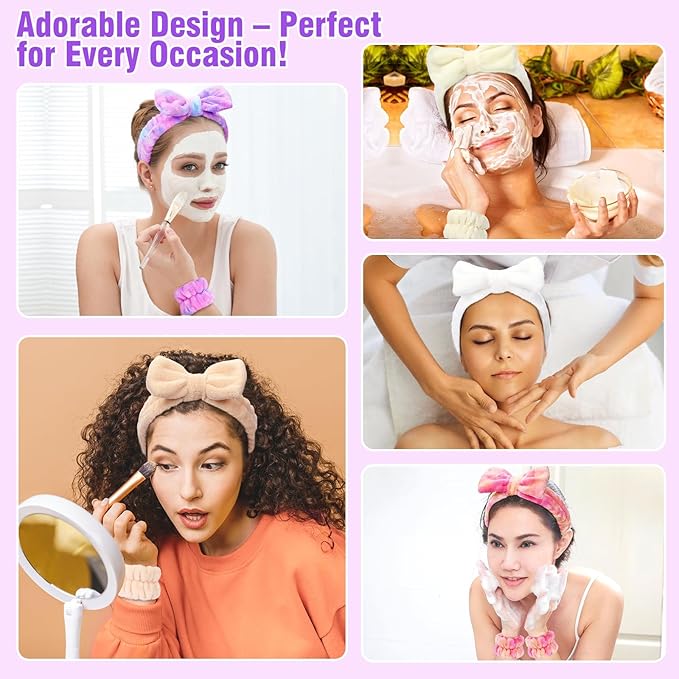 6 Pack Spa Headband with Wristbands: Washing Face Facial Makeup Skincare Headbands for Women Teen Girls - Soft Coral Fleece Elastic Hair Wraps for Easter Basket Stocking Stuffers Valentines Day Gifts