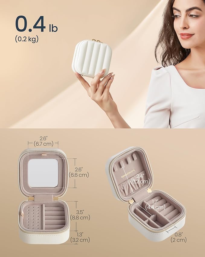 SONGMICS HOME Travel Jewelry Case, Small Jewelry Box Organizer with Mirror, 4.1 x 4.1 x 2.4 Inches, Stitching, Portable, Gift Idea, Cloud White UJBC179W01