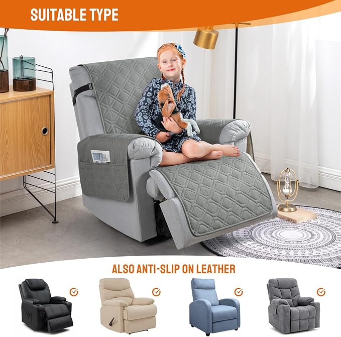 VANSOFY 100% Waterproof Recliner Chair Covers, Recliner Cover Non-Slip Dog Chair Cover Furniture Protector Washable Slipcover with Pocket, Elastic Straps for Pets, Dogs(Gray, 20")