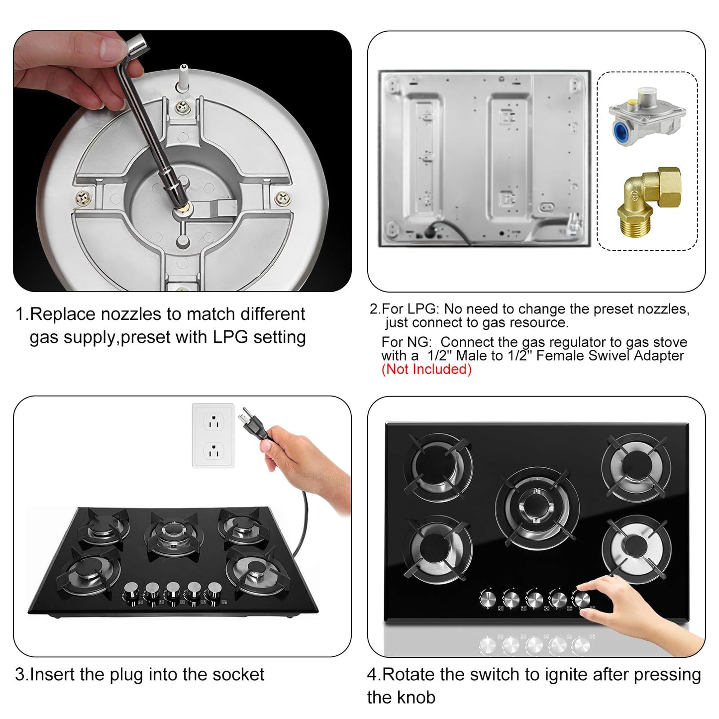 Borrallio Built-in Gas Cooktop 5 Burner 30 inch, Dual Fuel Tempered Glass Gas Stovetop Propane/Natural Gas Convertible,Thermocouple Protection,35900BTU