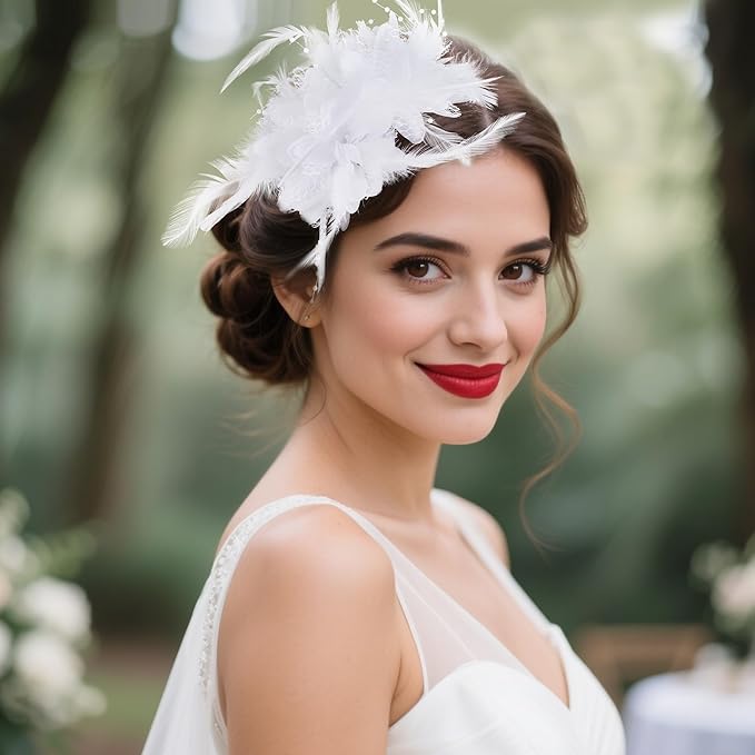 Womens Fascinators Hats Tea Party Hats for Women, Feather Pearl Veil Headband for Wedding Cocktail Dresses Accessories