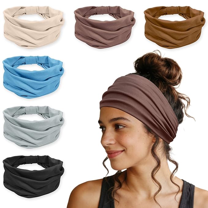 Wide Headbands for Women - 6 Pack Stretchy Soft Hair Bands for Workout, Yoga, Running, Makeup & Face Washing - Fashion Knotted Head Wraps & Hair Accessories