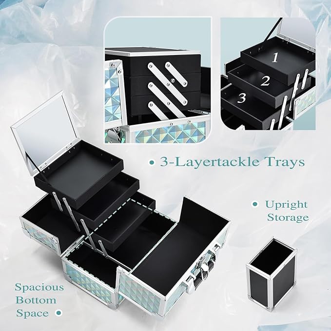 Joligrace Makeup Box 11.6-Inch Cosmetic Train Case for Women Travel Jewelry Organizer with Compartments & Mirror Portable Lockable Make-up Trunk Turquoise