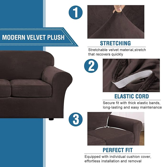 H.VERSAILTEX Real Velvet Plush 3 Piece Stretch Sofa Covers Couch Covers for 2 Cushion Couch Loveseat Covers Width Up to 72 Inch Feature Thick Soft Stay in Place (Medium Sofa, Brown)