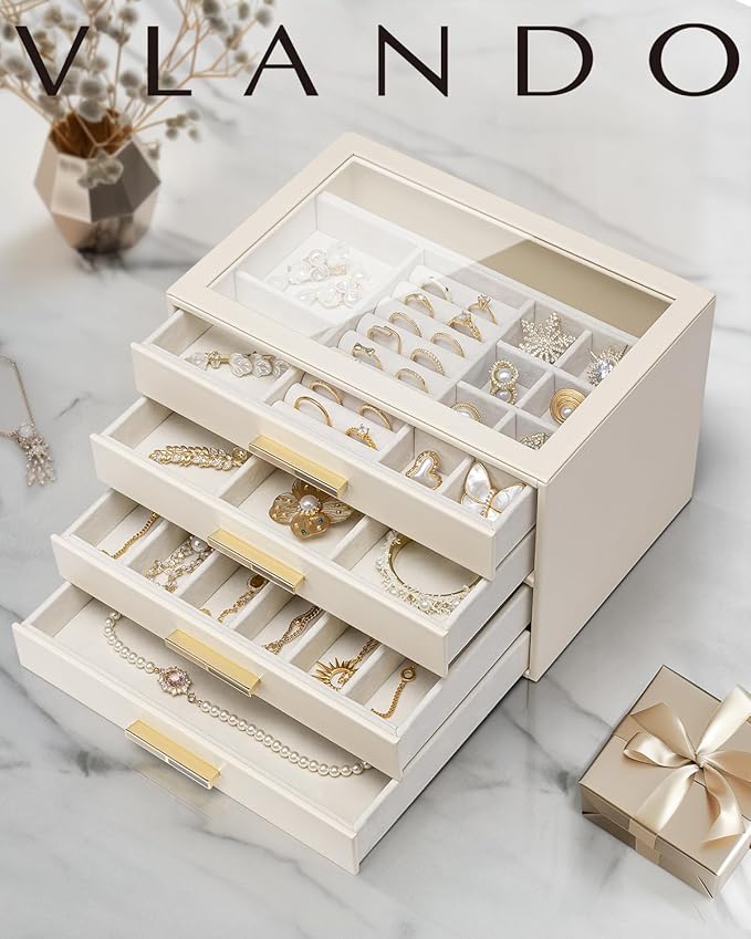 VLANDO 4 Layer Jewelry Box for Women, Glass Lid Jewelry Organizer with 4 Drawers for Necklaces Rings Earrings Bracelets - Cloud White