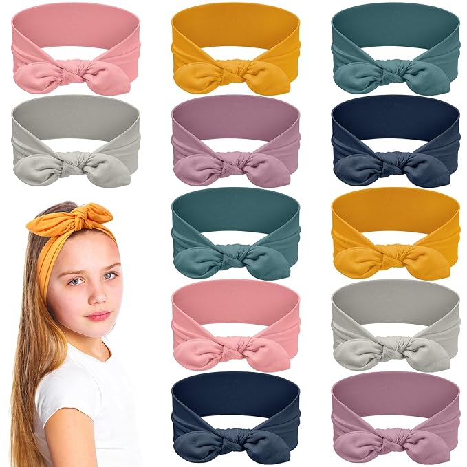 Giegxin 12 Pack Polyester Cloth Headbands for Girls Removable Colorful Rabbit Ear Bow Hairbands Hair Accessories(Colorful)