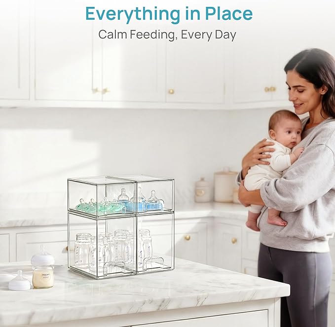Vtopmart 4 Pack Clear Baby Bottle Organizer Set, Stackable Storage Drawers Ideal for Kichen Countertop, Vanity, Bathroom, Cabinet, Pantry Organization