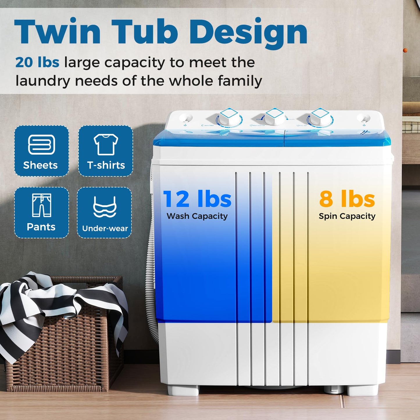 COSTWAY Portable Washing Machine, Twin Tub 20 Lbs Capacity with Drain Pump, Laundry Washer 12 Lbs and Spinner 8 Lbs with Timer Control, Perfect for Apartment Dorm RV, Blue+White