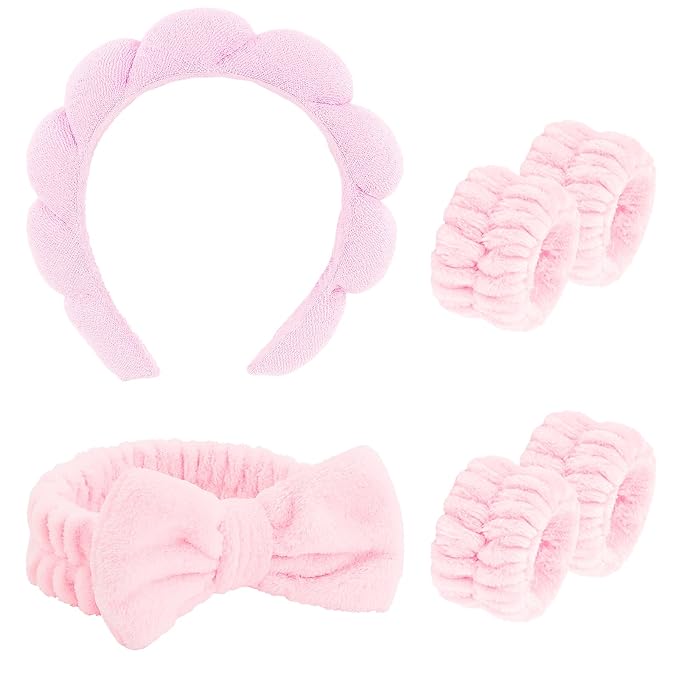 CAVETEE 6 Pack Spa and Makeup Headbands for Face Washing - Cute Puffy Bubble Bow Tie Headbands with Wristbands for Women and Girls