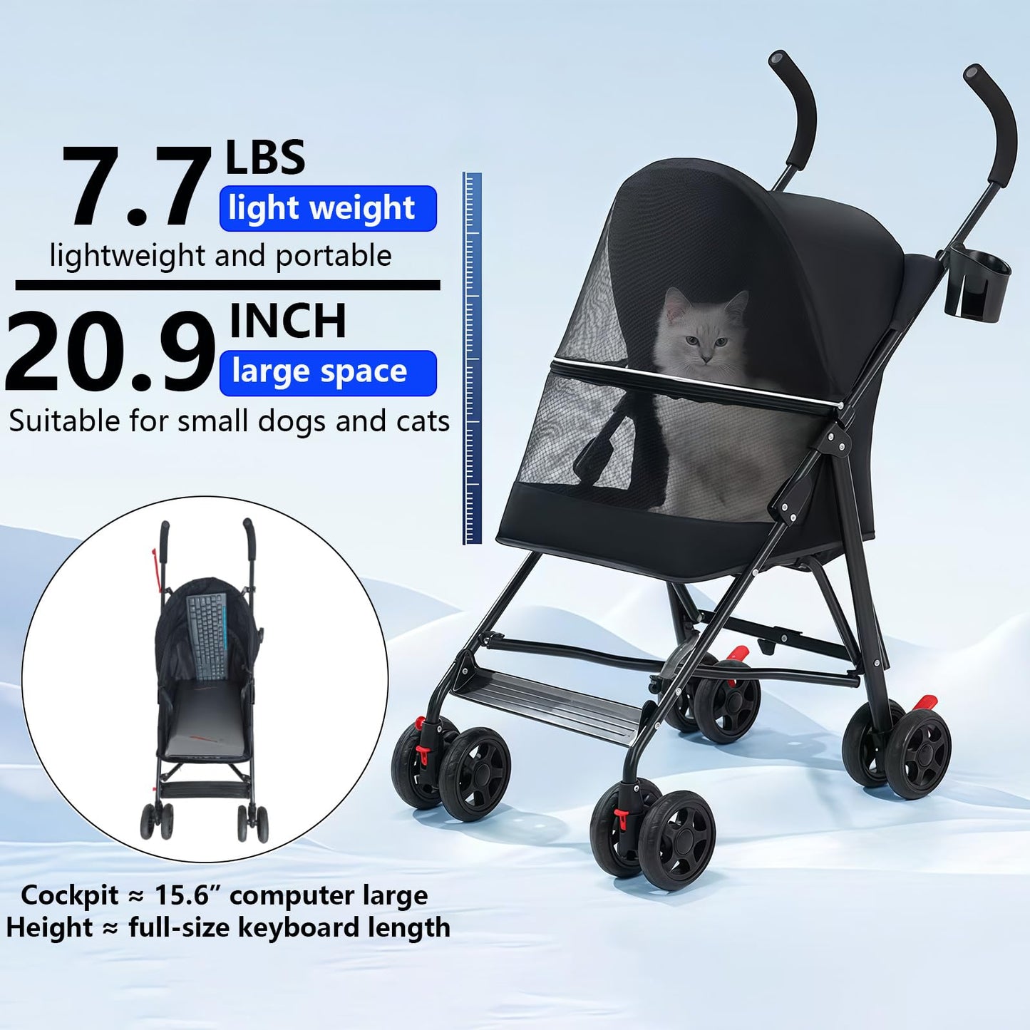 Pet Stroller with Mesh Ventilation, Lightweight Foldable Design, Cup Holder, Black