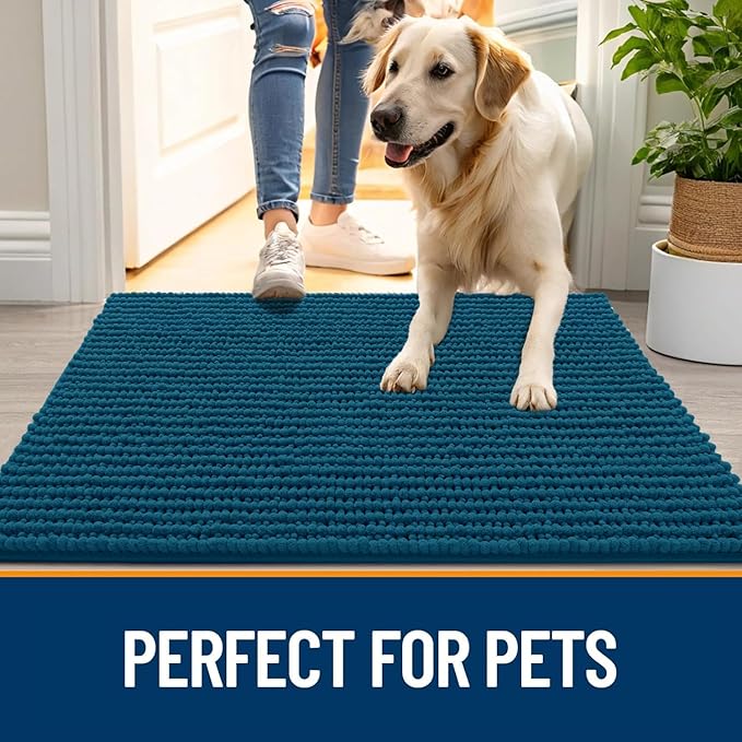 OLANLY Dog Door Mat for Muddy Paws 59x35, Ultra Absorbent Chenille Mud Doormat, Non-Slip Washable and Dirt Trapping Doormat for Indoor Entryway, Quick-Dry Indoor Pet Bed Mats for Dogs, Atlantic Blue