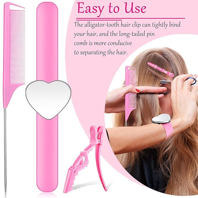 22 Pces Hair Braiding Tools with Magnetic Wrist Sewing Pincushion Pin Wristband Stainless Stitch Braid Finger Ring Tool Pintail Rat Tail Comb Sectioning Alligator Clips Salon Home(Pink)