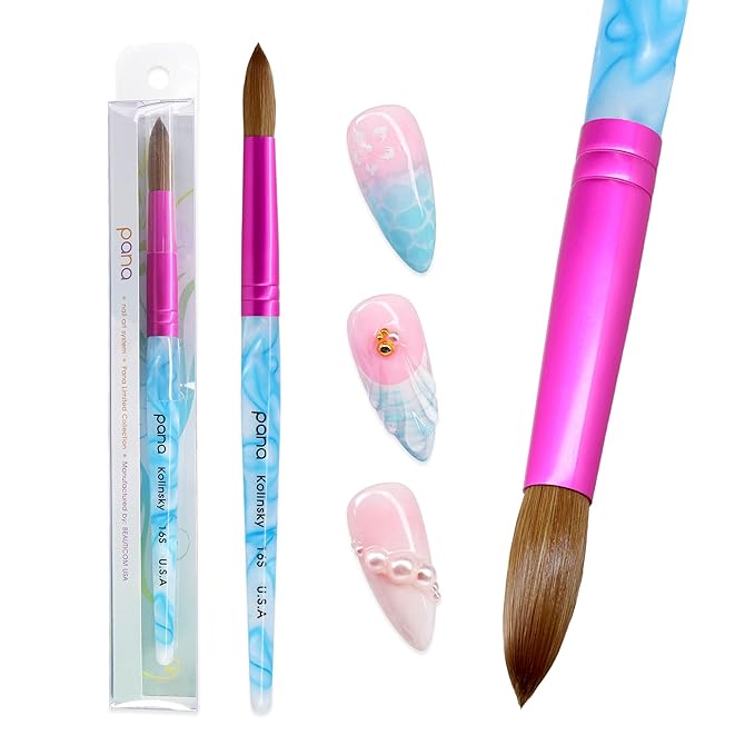 PANA Pure Kolinsky Hair Acrylic Nail Brush - Round Shape Pink Ferrule with White Swirl Blue Handle (Size 16)