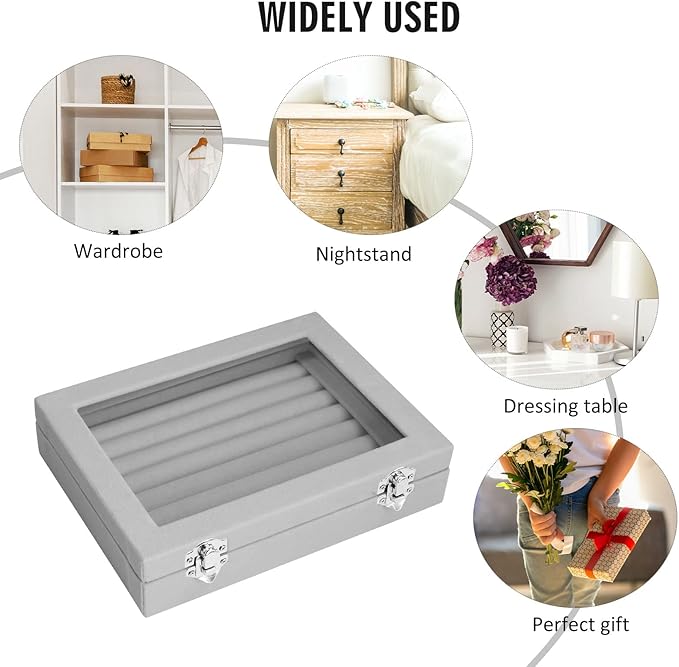 Rings Organizer Tray 7 Slots Velvet Jewelry Earring Storage Box with Transparent lid Jewelry Display Case for Girls Wife Mom Women (Grey)