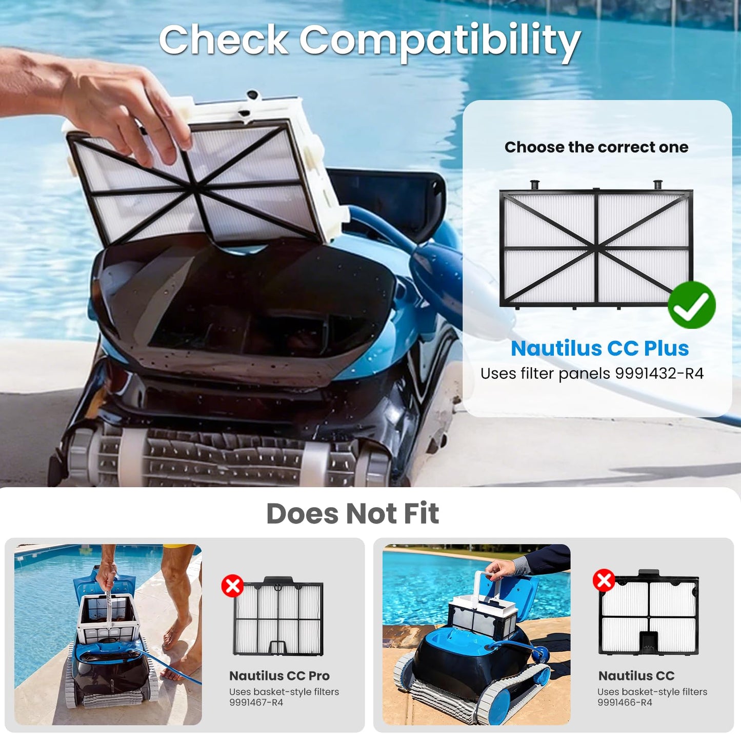 Future Way 4 Pack Ultra Fine Cartridge Filter Panels Compatible with Dolphin Nautilus CC Plus and M400/M500 Robotic Pool Cleaner Filters, Replace #9991432-R4