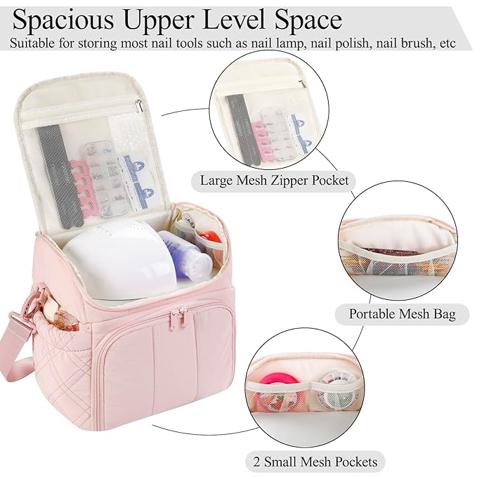 Nail Polish Organizer with 2 Detachable Cases Hold 60 Bottles & Nail Lamp, Portable Nail Organizers and Storage with Handle & Shoulder Strap, Travel Nail Bag for Manicure Tools