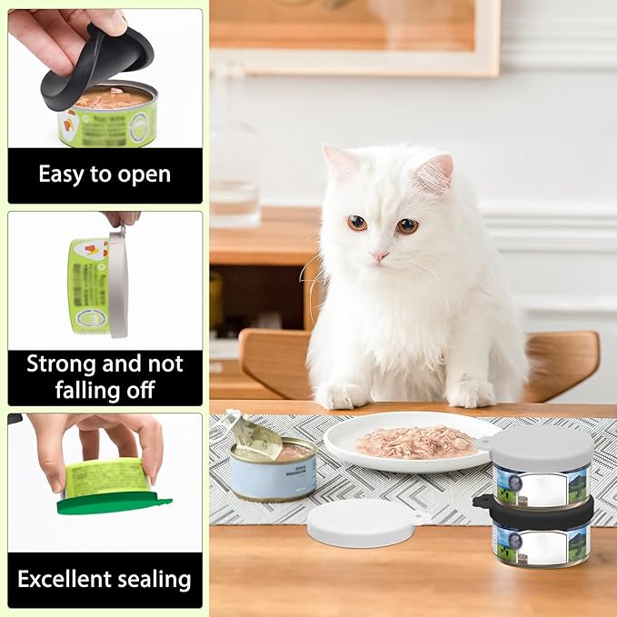 PINE & LINEN 4 Pcs 2.5inch Durable Pet Can Lids,Silicone Small Pet Can Covers Waterproof Cat Food Cans Lids for 3 oz Cat Food Cans(White+Gray+Dark Green+Black)
