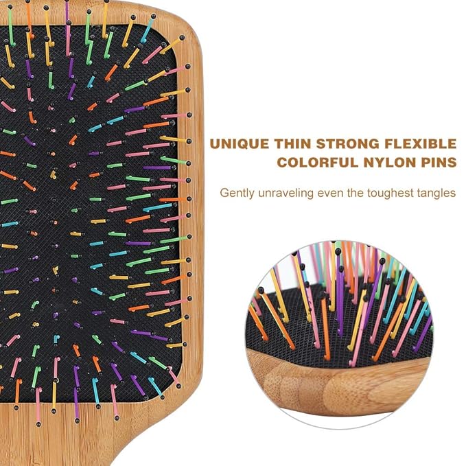 BLACK EGG Paddle Detangling Hair Brush for Women Girls, Rainbow Nylon Brush for Thick Thin Curly Hair, Includes Wooden Detangler Comb and 3 Hair Ties, Valentine’s Day Gift