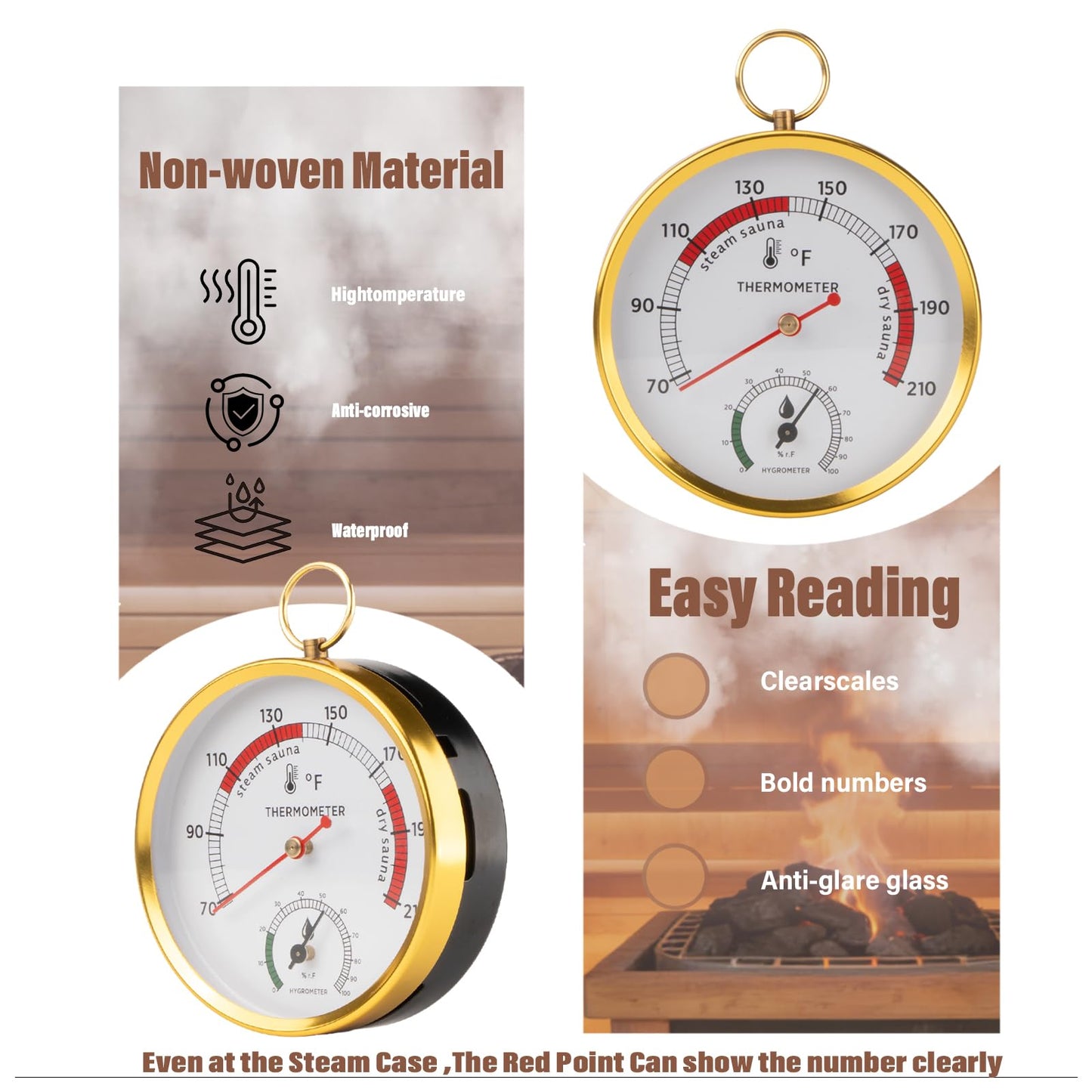 Andelov Sauna Thermometer and Hygrometer (Fahrenheit) with Lanyard Mount, Portable Temperature & Humidity Monitor for Steam Sauna Box, Infrared/Indoor/Home Sauna Accessories
