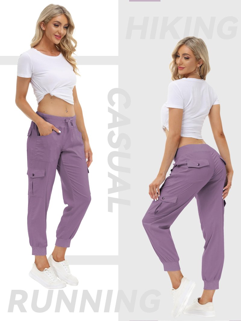 MoFiz Women Cargo Pants with Pockets Lightweight Outdoor Summer Travel Casual Hiking Pants Running Joggers Sweatpants Elastic Waist Light Purple S