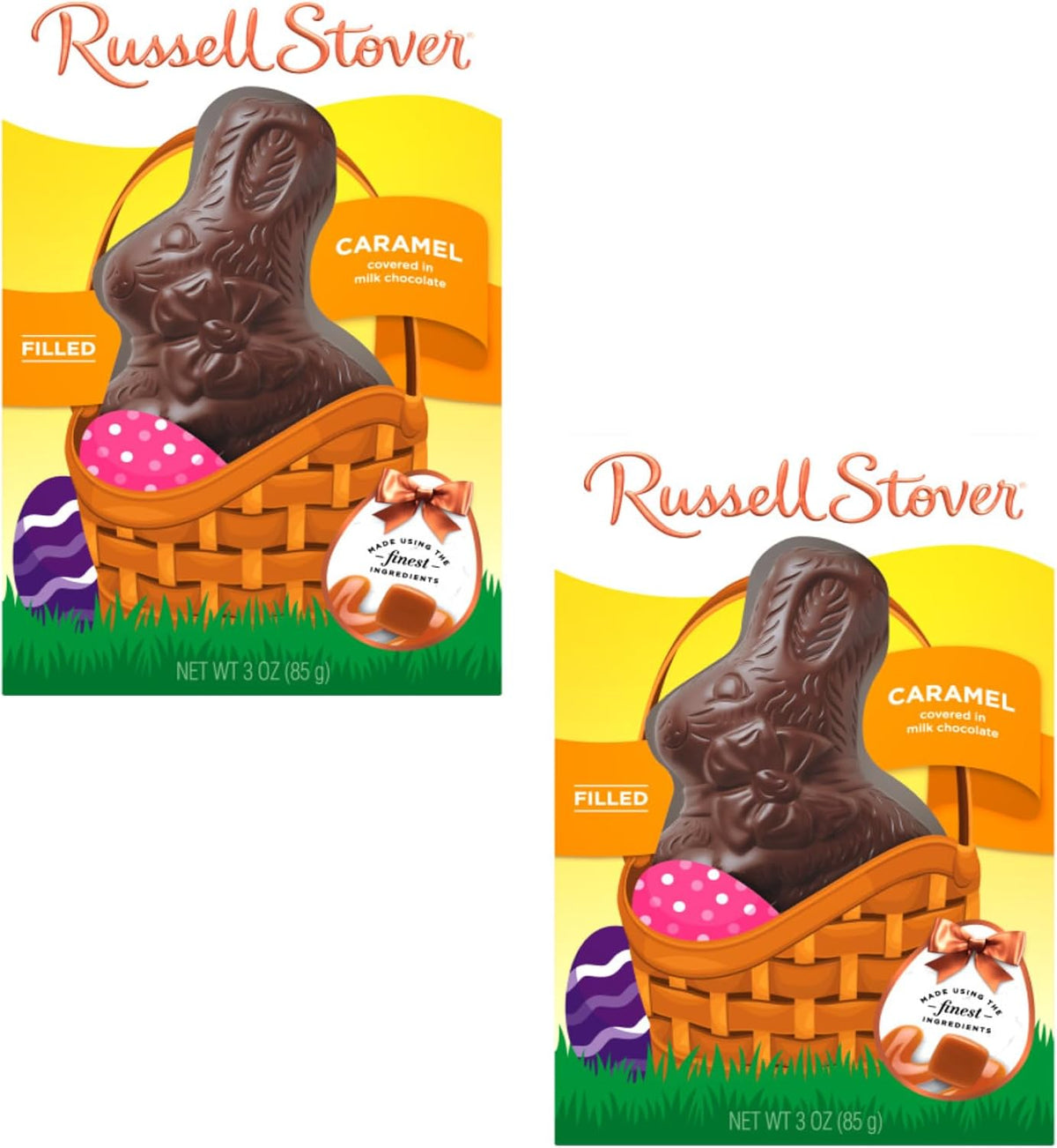 Russell Stover Caramel Filled Chocolate Bunny - Pack of 2 - Perfect for Easter Baskets and Egg Hunts - Delicious Classic Treat for Everyone - Bring Joy This Holiday