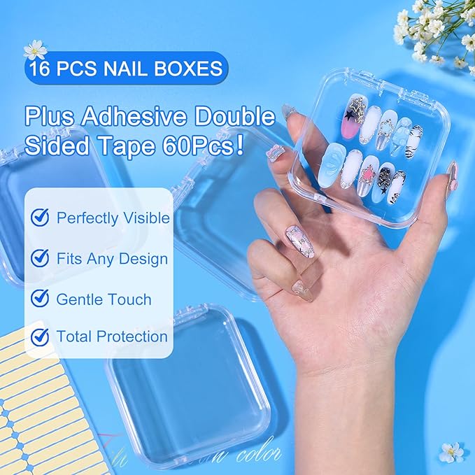 16 Pcs Acrylic Press on Nail Storage Box with Adhesive Double Sided Tape, Press on Nails Packaging Fake Nail Storages Case for Fake Nail Storage Nail Display Nail Salon