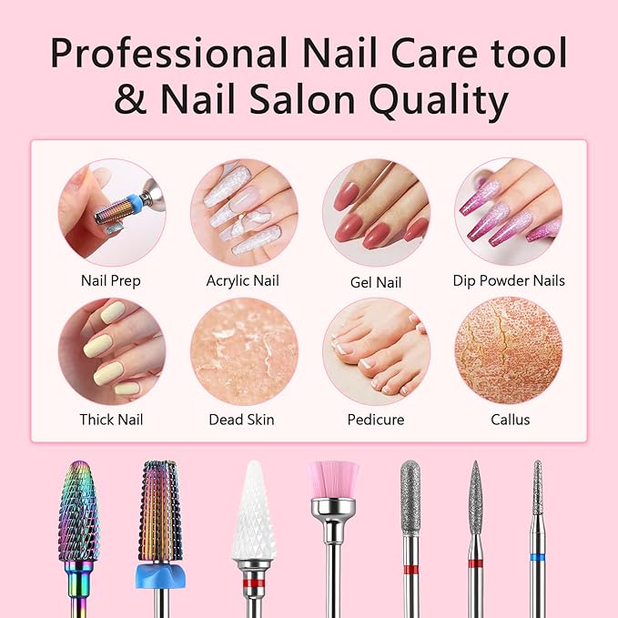 BQAN Nail Drill Bits Set, 7pcs Tungsten Carbide Diamond Drill Bits for Nail Tech, Remove Acrylic Gel Polish Cuticle, Manicure Pedicure Tools