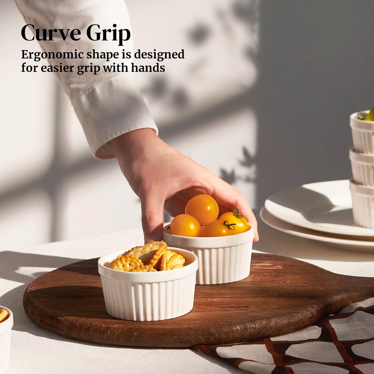 DOWAN 8 oz Ramekins Oven Safe for Creme Brulee, Souffle Dish Baking Bowls, Custard Cups for Pudding Dips Sauce Dessert Yogurt Ice Cream, Ceramic Ramiken Set of 6, Soft White