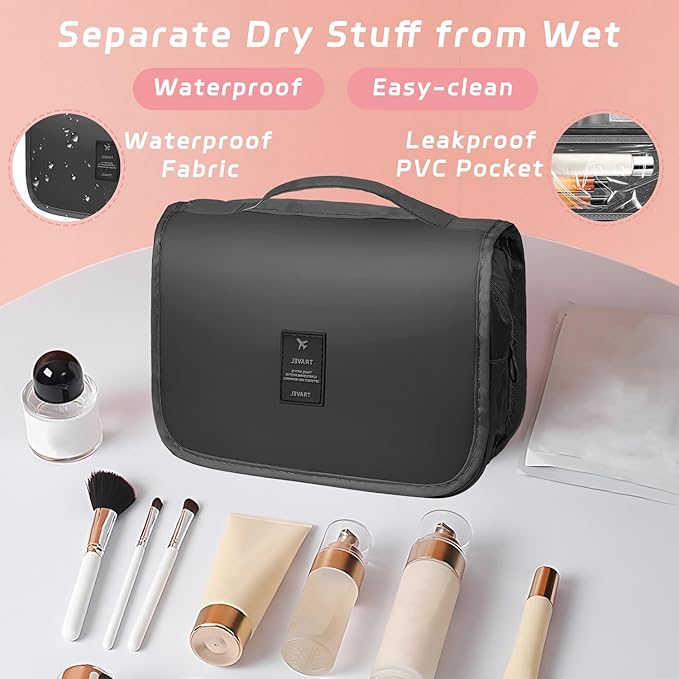 Toiletry Bag Travel Bag with Hanging Hook, Waterproof Capacity Hanging Multifunctional Makeup Bag for Toiletries, Portable Cosmetic Bag Travel Organizer for Women and Men(Black Pure)