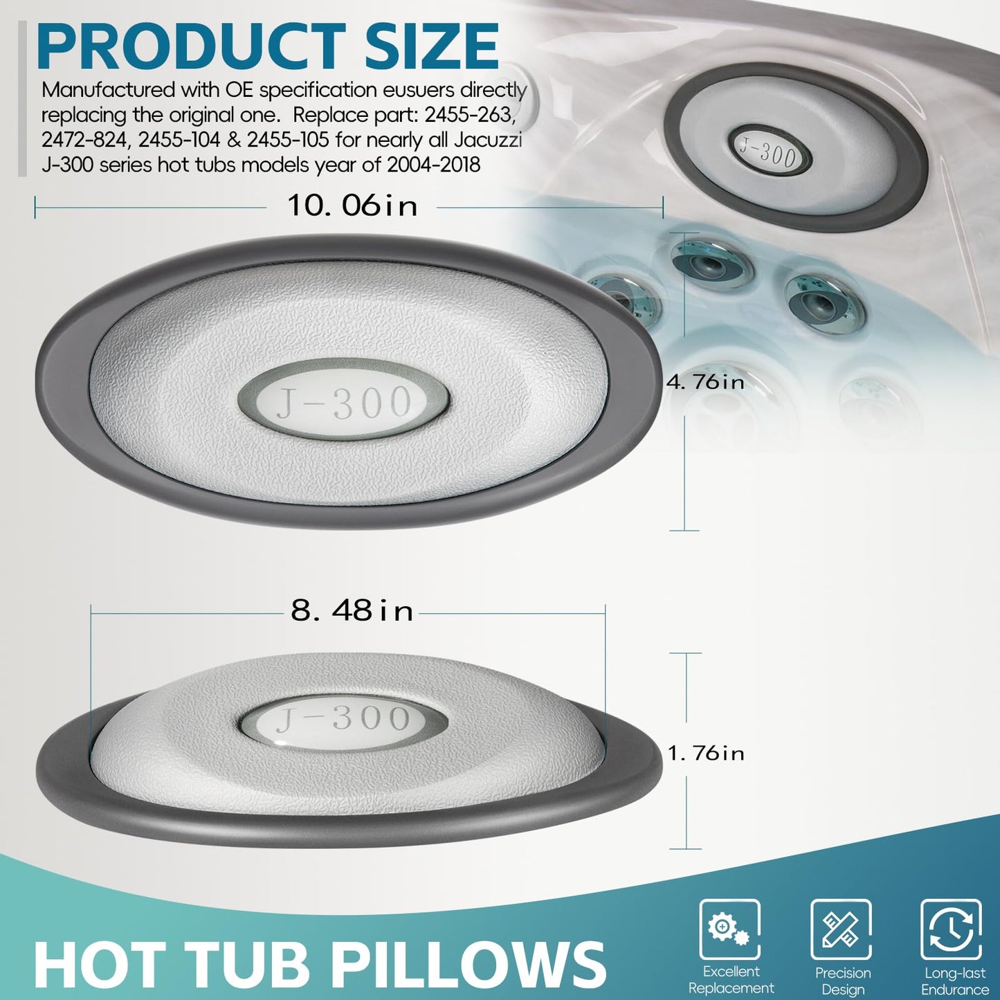 4 Pack 2472-824 Spa Oval Pillow Insert and Back Mount Fit for 2004–2018 Jacuzzi J-300 Series Hot Tubs & Spas, 2455-263 Hot Tub Headrest Replacement Spa Pillows - Enhanced Support