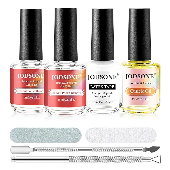 JODSONE Professional Gel Nail Polish Remover Kit:2Pcs 15ML Quick Gel Nail Polish Remover,15ML Cuticle Oil and Latex Tape Liquid,2 Sanding Strips and Steel Pushers,Remove at Home without Going Salon
