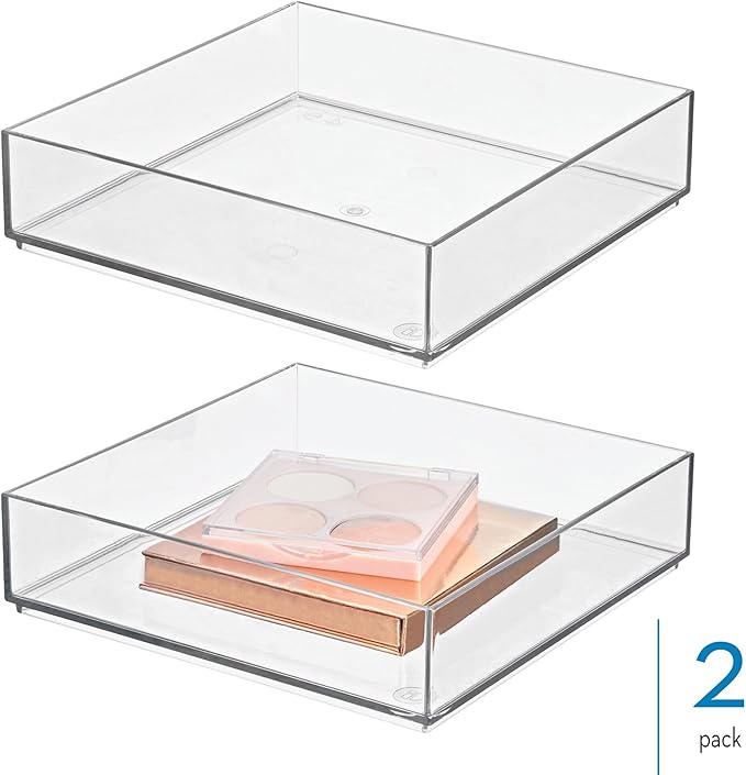 iDesign Plastic Makeup Drawer Organizer Tray - Vanity Organizer or Desk Drawer Organizer - Set of 2 - Clear