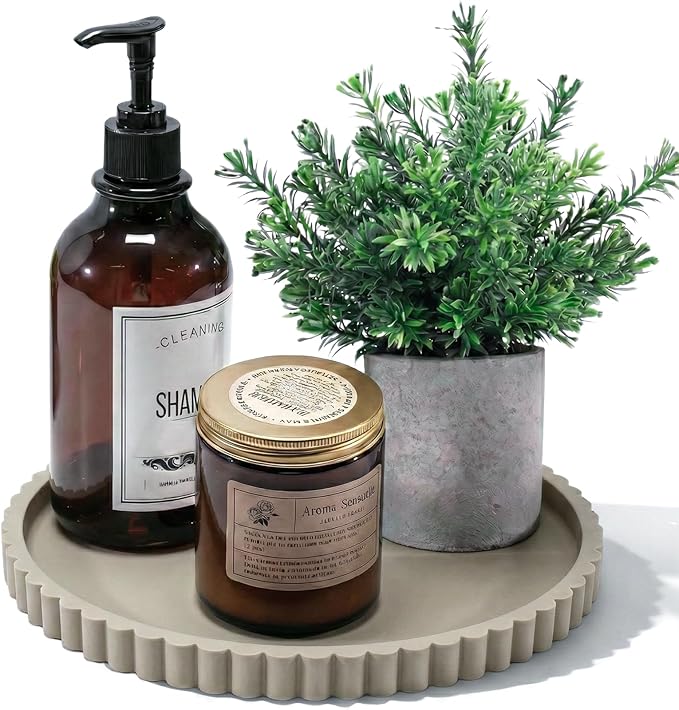 Silicone Bathroom Vanity Tray, Modern Round Decorative Tray for Countertop, Waterproof & Unbreakable Cosmetic Perfume Organizer, Extra-Thick & Sturdy, Easy to Clean Candle Tray (9 Inch, Khaki)