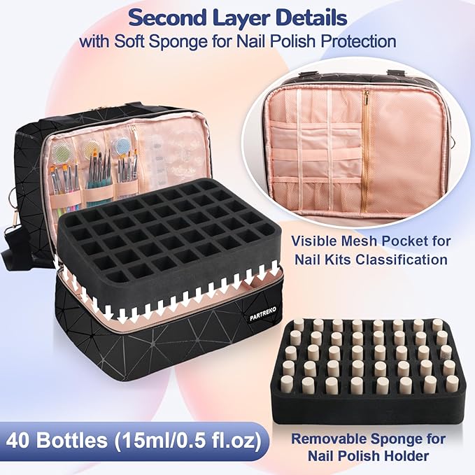 Nail Polish Organizer Holds 80 Bottles (15ml/0.5 fl.oz)& Nail Lamp, PU Leather Nail Organizers and Storage Bag with Shoulder Strap, Portable Nail Supplies Kit Organizer Carrying Case (Black)