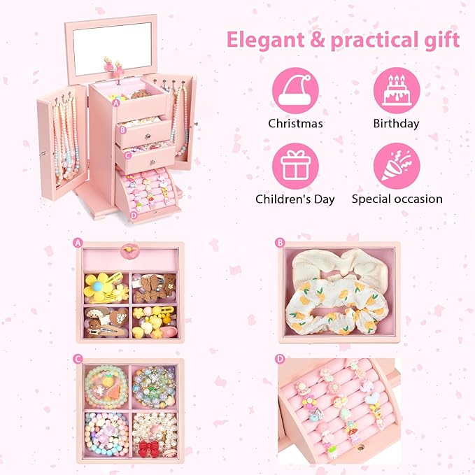 Emfogo Musical Jewelry Box for Girls, Large Kid Music Box with Ballerina for Birthday Bedroom Decor, 5 Layer Girl Jewelry Gifts for Girls Kids - Pink