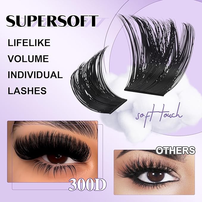 B&Q Fluffy Lash Clusters Thick 300D, Volume Eyelash Clusters 10-18mm, D Curl Cluster Eyelash Extensions, Supersoft Individual Lashes Wispy Cluster Lashes Dramatic Full Look Eyelash（300D）